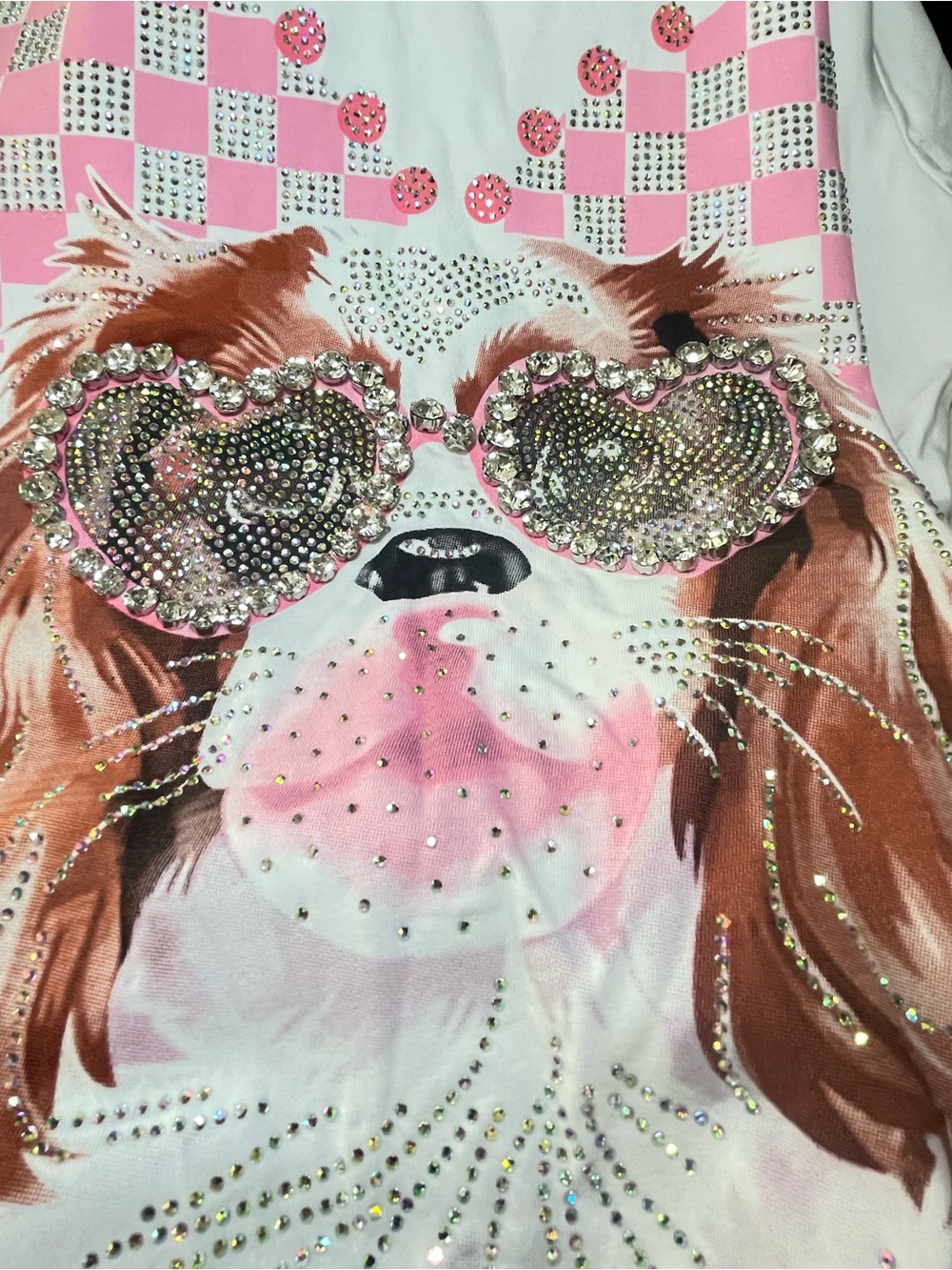 Embellished Dog Rhinestone Tee with Pink Heart Sunglasses